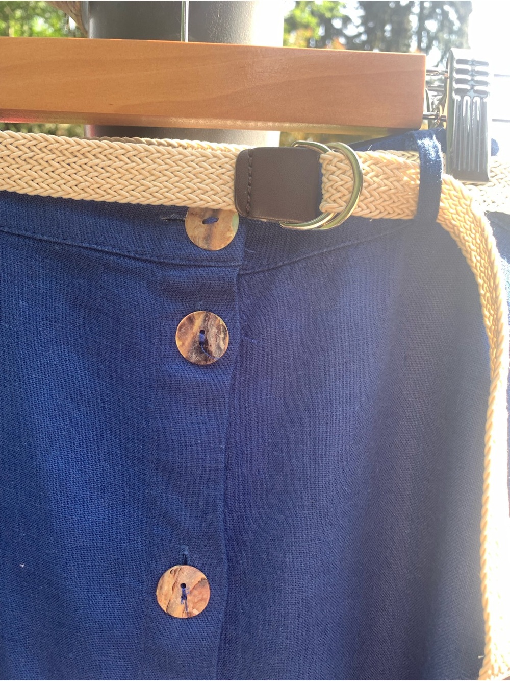Navy Button-Front Midi Skirt with Woven Cream Belt. Belt can be removed.
